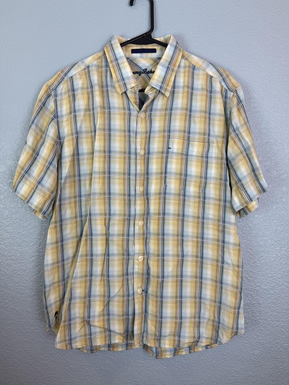 Tommy Bahama Shirt Mens Medium Yellow Blue Plaid Short Sleeve Tencel Button Up